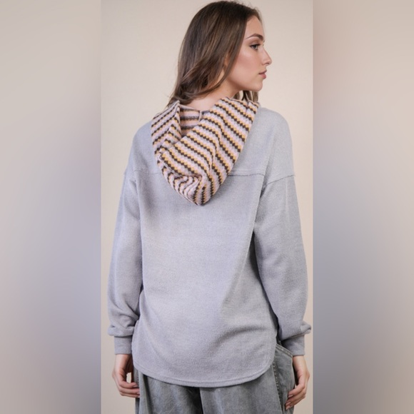 Grey Button-Up Sweater with Patterned Collar Hoodie  Plus Size NWT - Picture 4 of 4